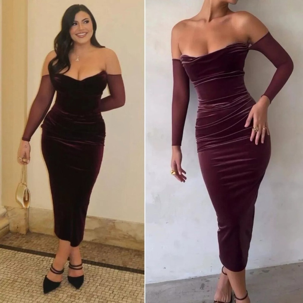 House Of Cb Burgundy Velvet Midi Dress